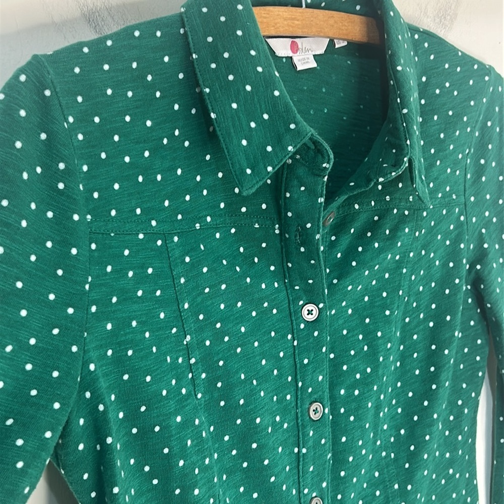 BODEN Tara Jersey Button Down Collared Shirt Green Polka Dot Size 2 Petite - Picture 8 of 12